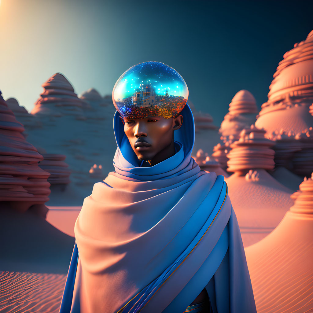 Blue-caped figure in desert with futuristic cityscape in transparent helmet