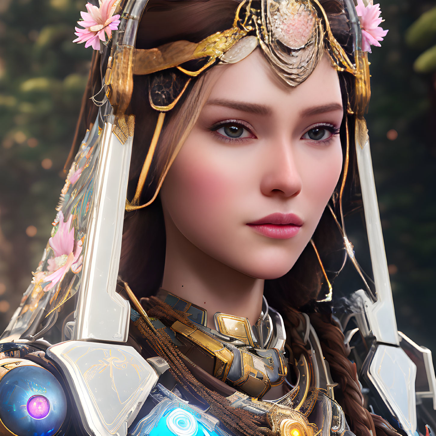 Digital artwork of woman in fantasy armor with gold accents and blue gemstones