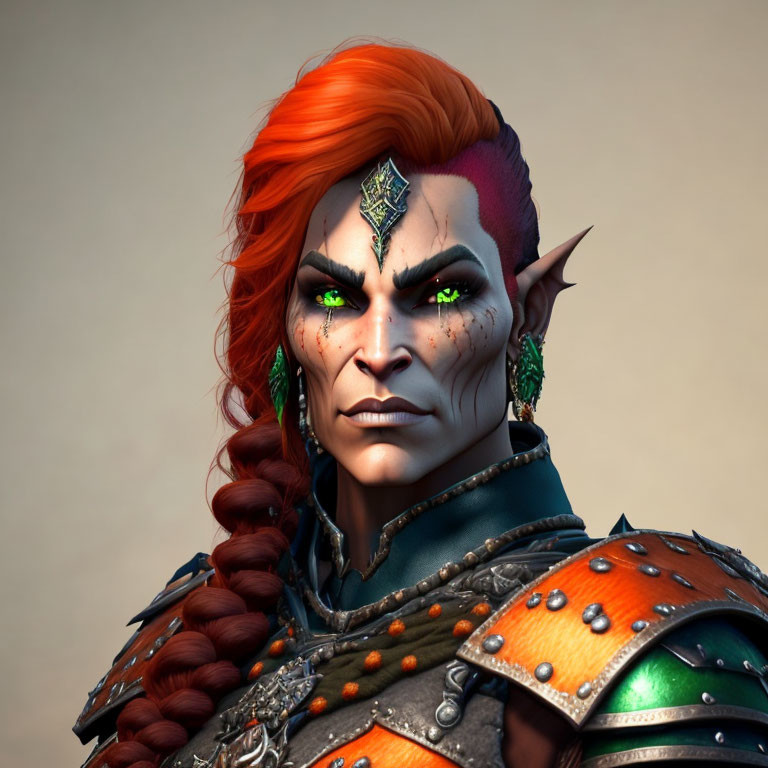 Fiery red-haired elf in ornate armor: 3D rendering