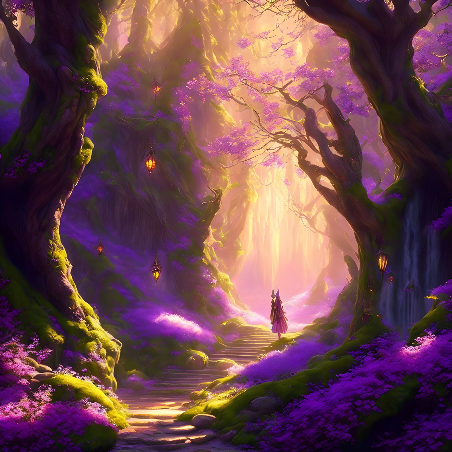 Mystical forest with purple trees, cloaked figure walking along sunlit path