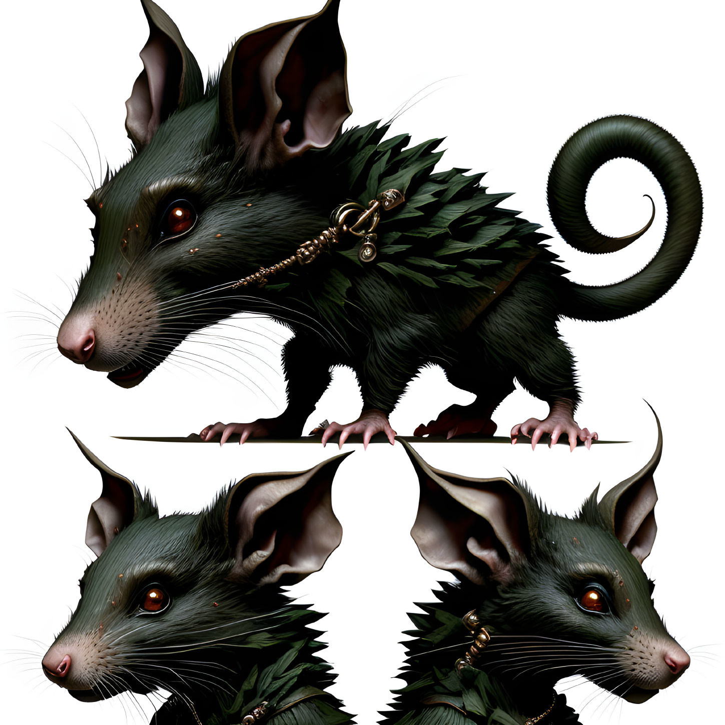 Digital illustration featuring three stylized rats with spiky fur, red eyes, earring, and