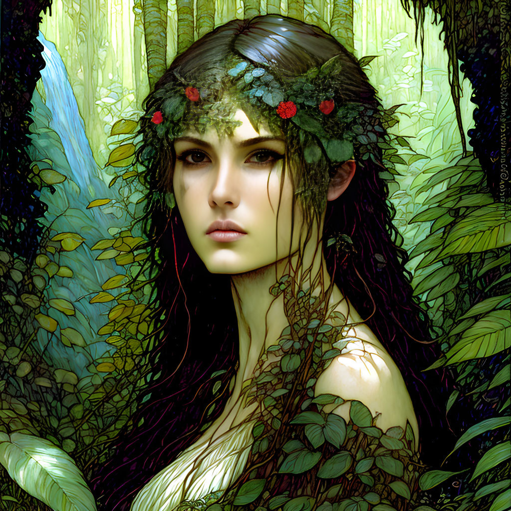 Portrait of woman with leaf crown in forest setting