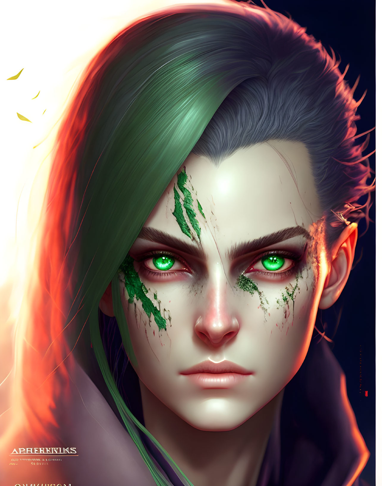 Character with Green Hair and Intense Green Eyes in Digital Art