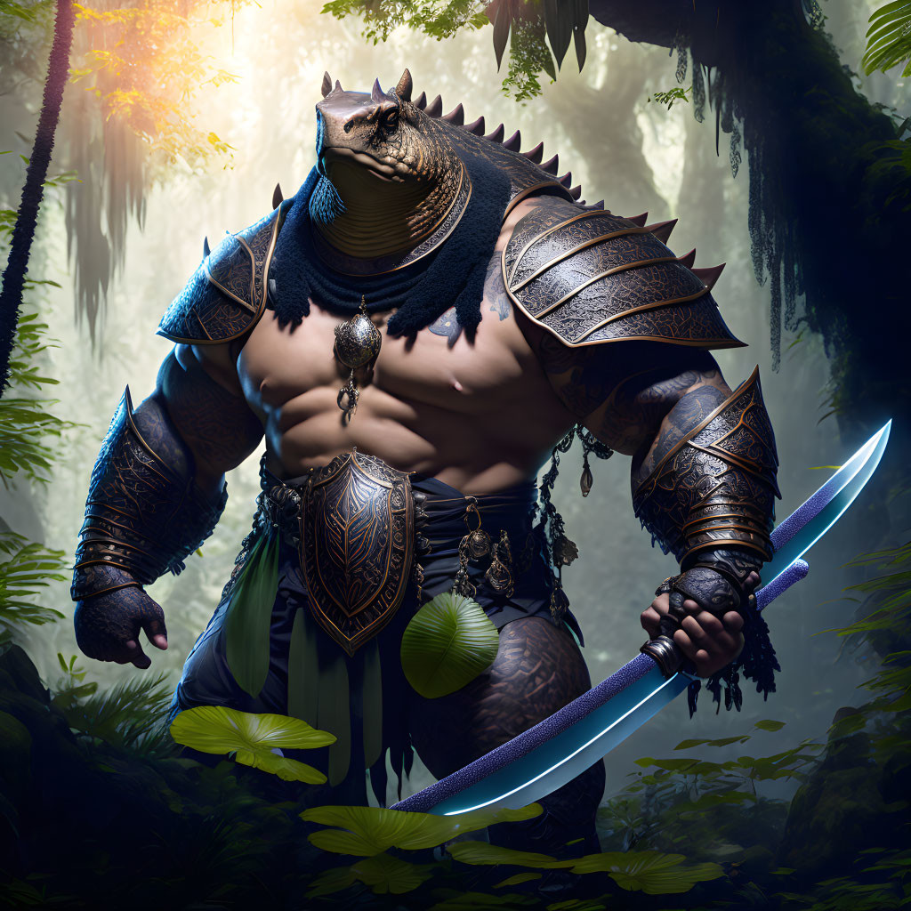 Anthropomorphic lizard warrior in jungle with gleaming sword and ornate armor