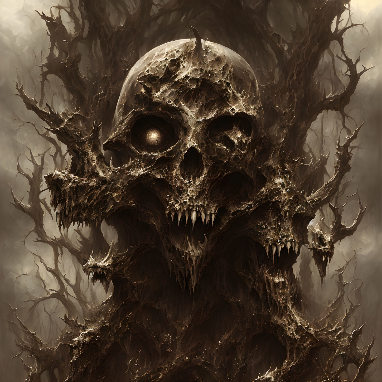 Dark illustration: Skull with glowing eyes, twisted tree-like structures