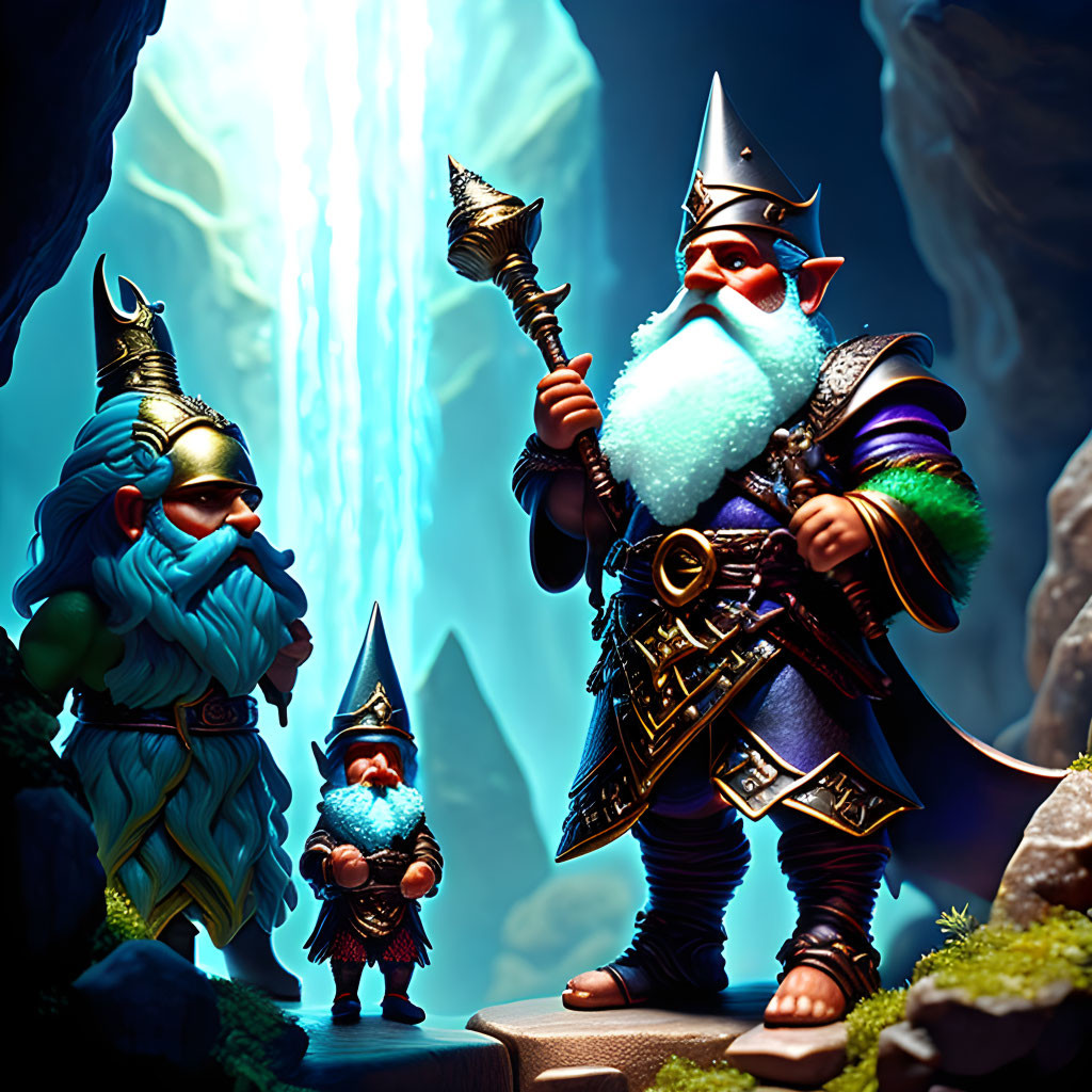 Stylized dwarf figures in detailed armor in mystical cave with glowing blue crystal.