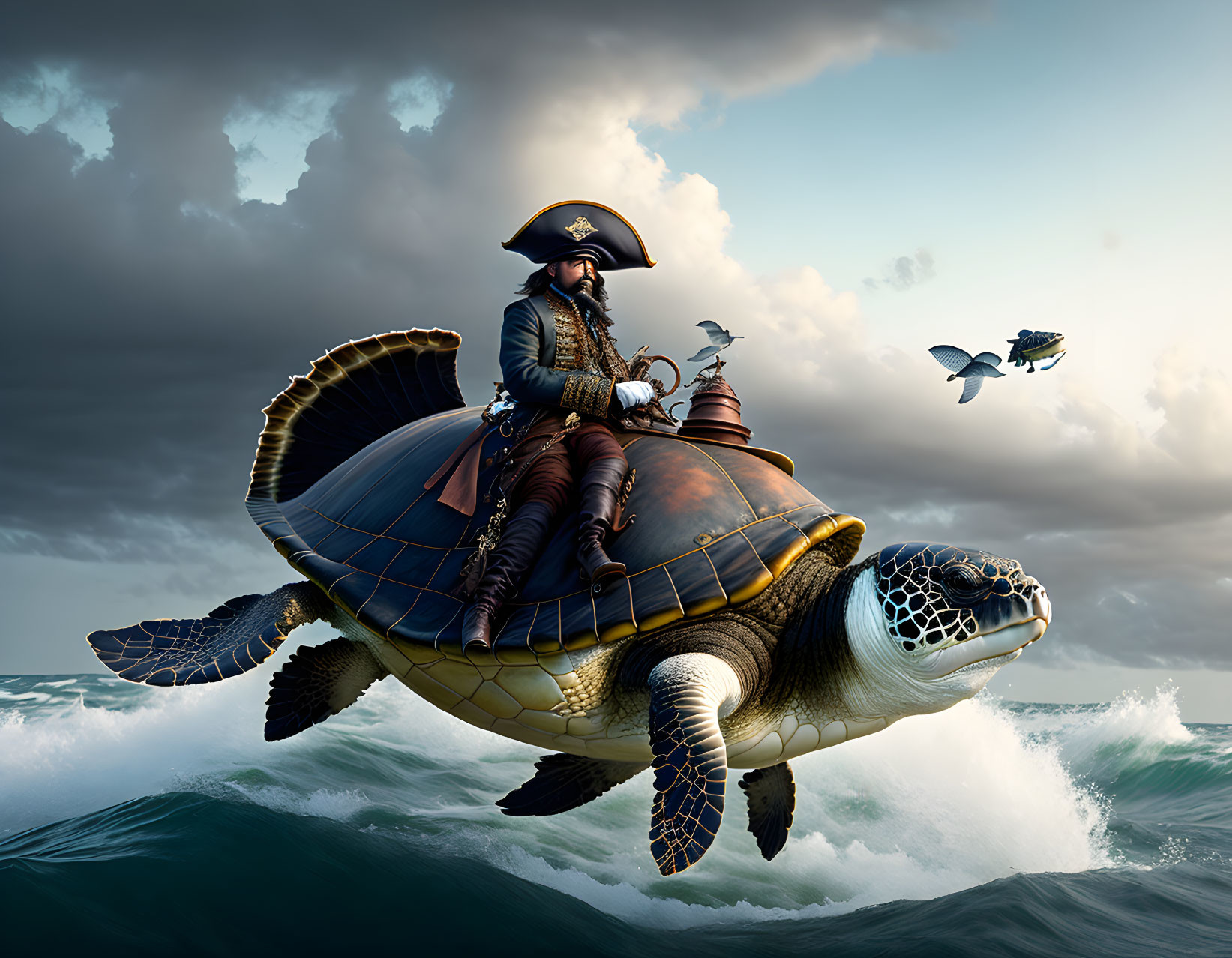 18th-Century Naval Officer Riding Sea Turtle in Ocean Scene