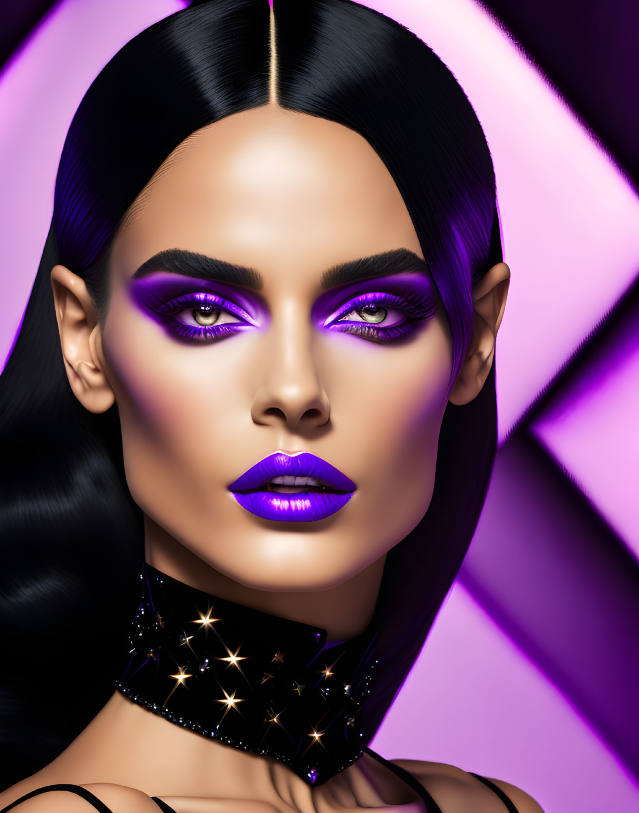 Digital artwork featuring woman with black hair, purple makeup, star choker, on geometric background