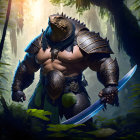 Anthropomorphic lizard warrior in jungle with gleaming sword and ornate armor