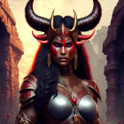 Red-skinned warrior woman with black horns and intricate armor in rocky setting