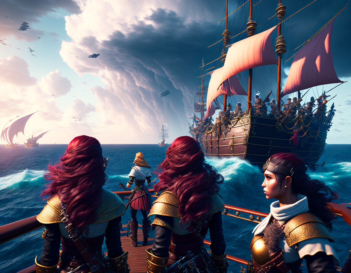 Animated female pirates on ship's deck witness sea battle under dramatic sky