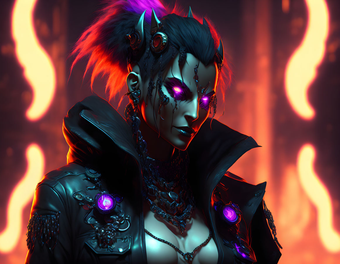 Female character with glowing purple eyes in black armor against red fiery backdrop