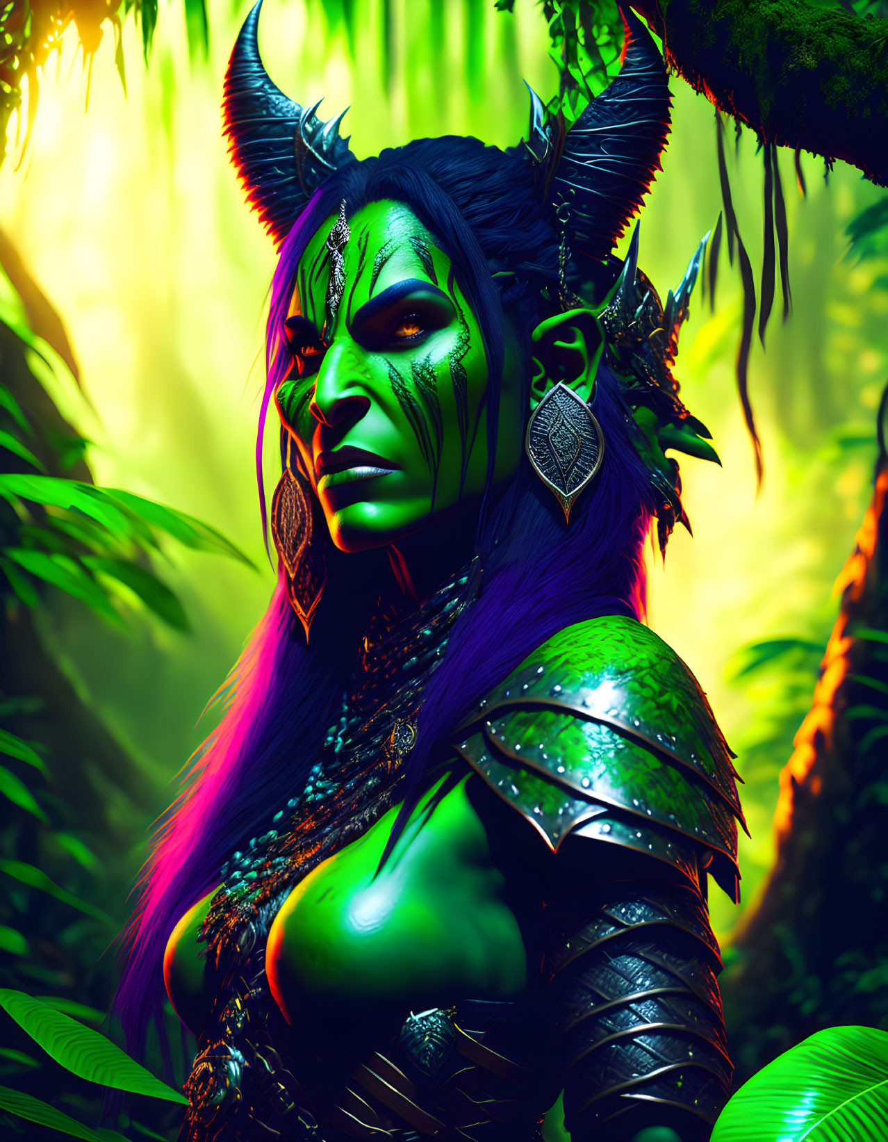 Fantasy digital artwork of a green-skinned female character in armor with tribal markings, set in a