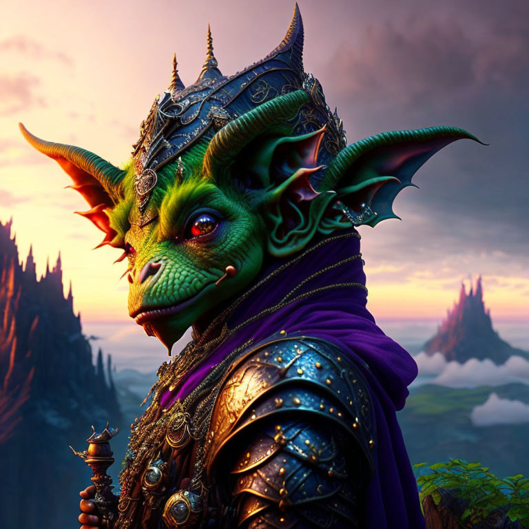 Green-skinned fantasy creature in ornate armor on mystical landscape.