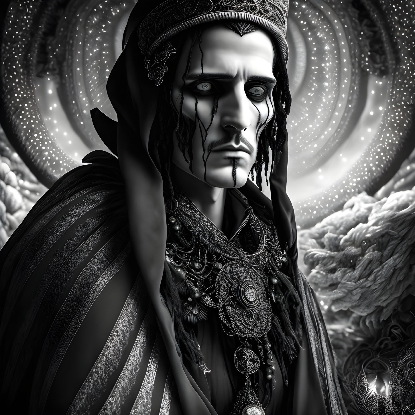 Monochrome portrait with intricate headgear and cosmic background.