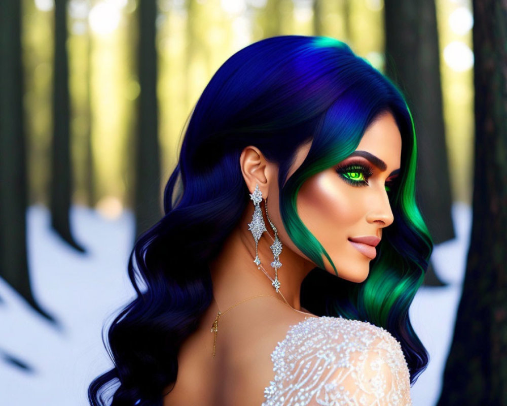 Vibrant blue and green hair woman in white lace attire against forest backdrop