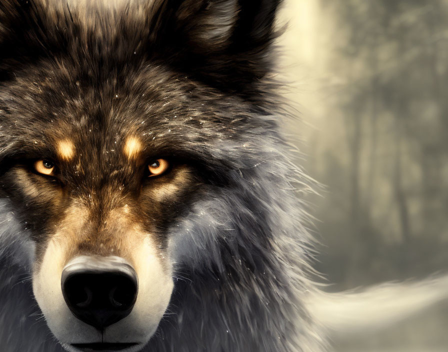 Detailed close-up of a wolf with amber eyes and lush fur coat in forest setting