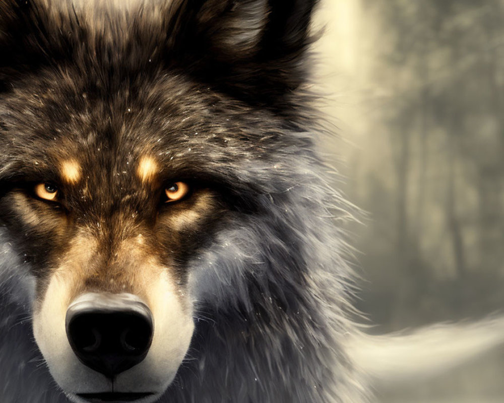 Detailed close-up of a wolf with amber eyes and lush fur coat in forest setting