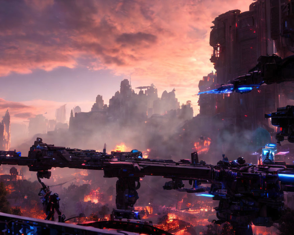 Futuristic cityscape at dusk with skyscrapers, vibrant clouds, and flying vehicles