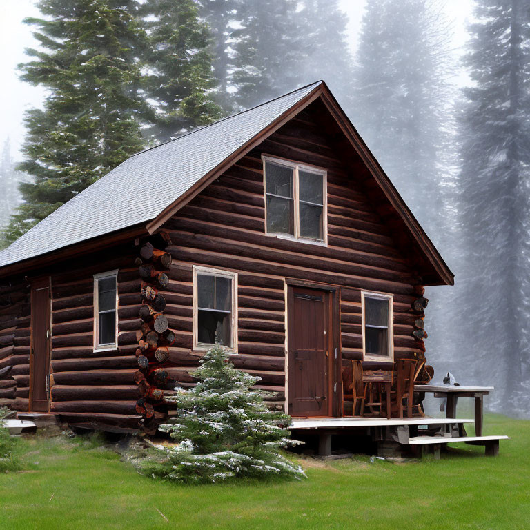 Rustic wooden cabin in misty forest with snowy Christmas tree