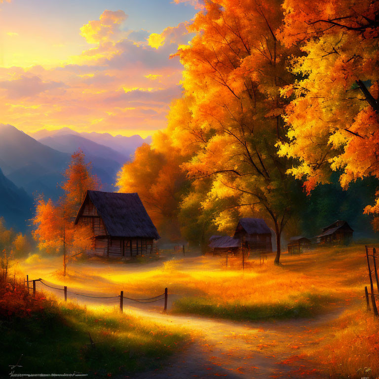 Golden-hued trees, rustic cabin, winding path in autumn scenery