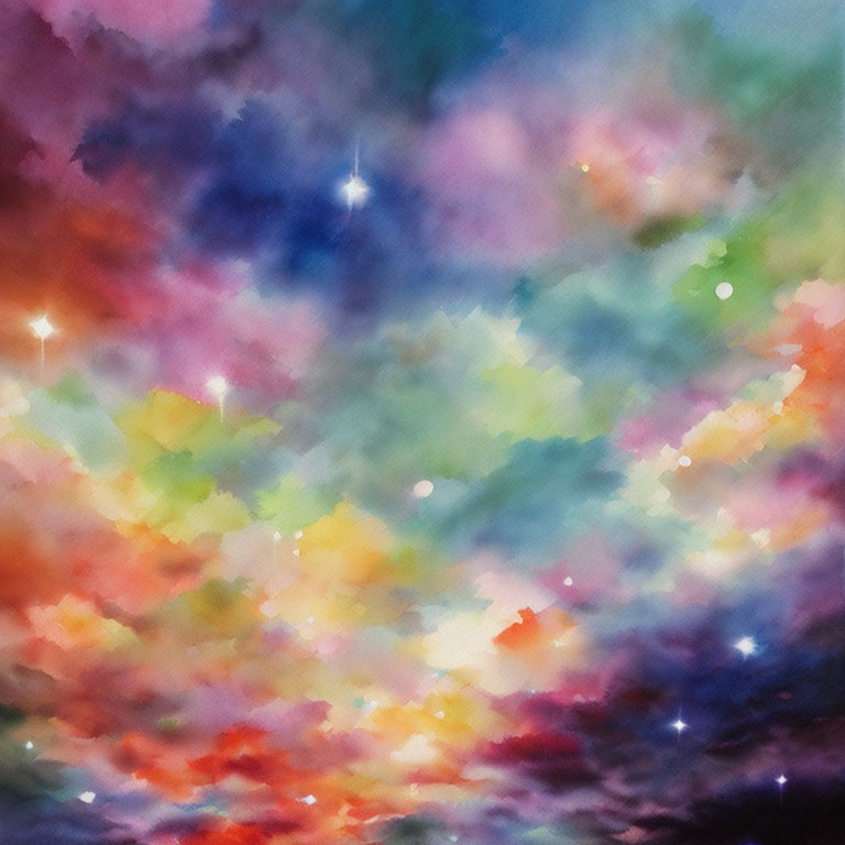 Nebulous celestial watercolor painting with soft pink, blue, and yellow clouds.