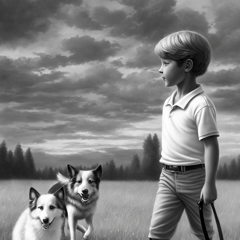 Monochrome image of boy with two dogs in field under cloudy sky