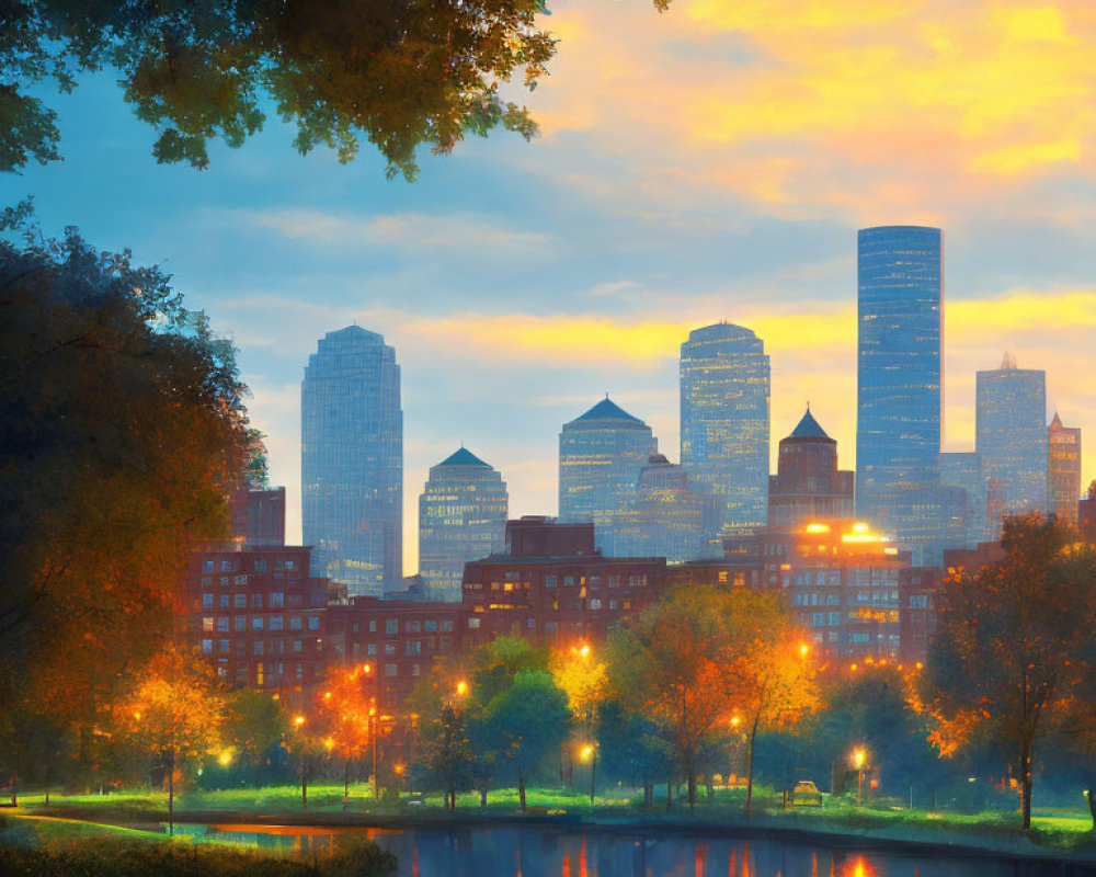 Twilight cityscape with illuminated skyscrapers and urban park by calm river