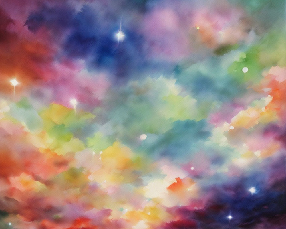 Nebulous celestial watercolor painting with soft pink, blue, and yellow clouds.