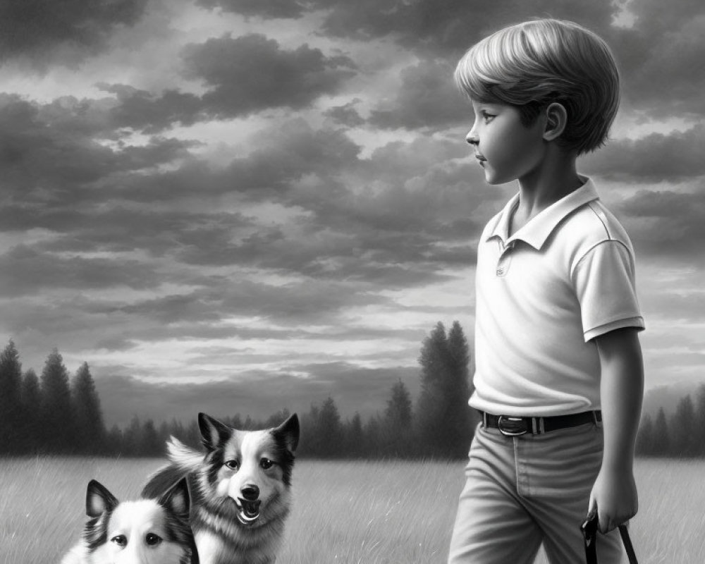 Monochrome image of boy with two dogs in field under cloudy sky