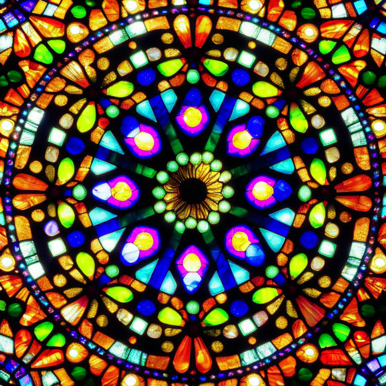 Symmetrical Stained Glass Window with Vibrant Colors and Geometric Patterns