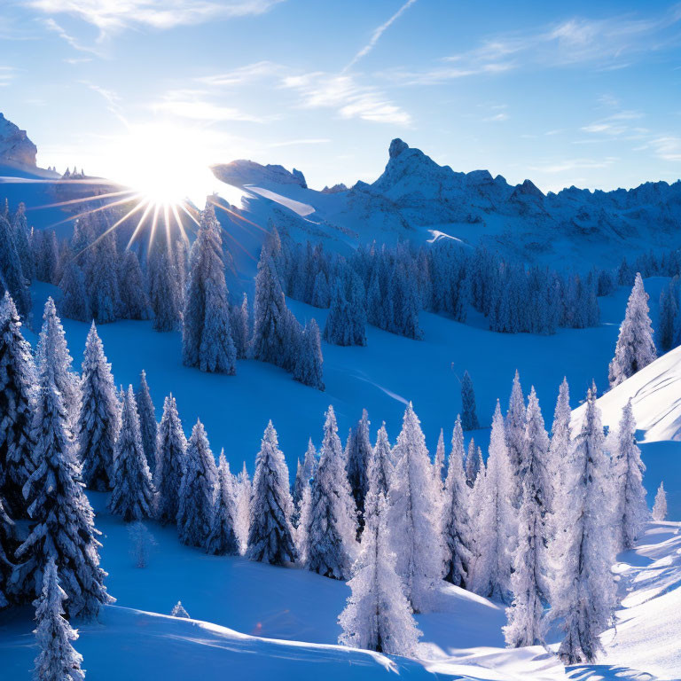 Snowy Mountain Landscape with Sunlit Frost-Covered Trees at Sunrise