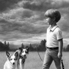 Monochrome image of boy with two dogs in field under cloudy sky