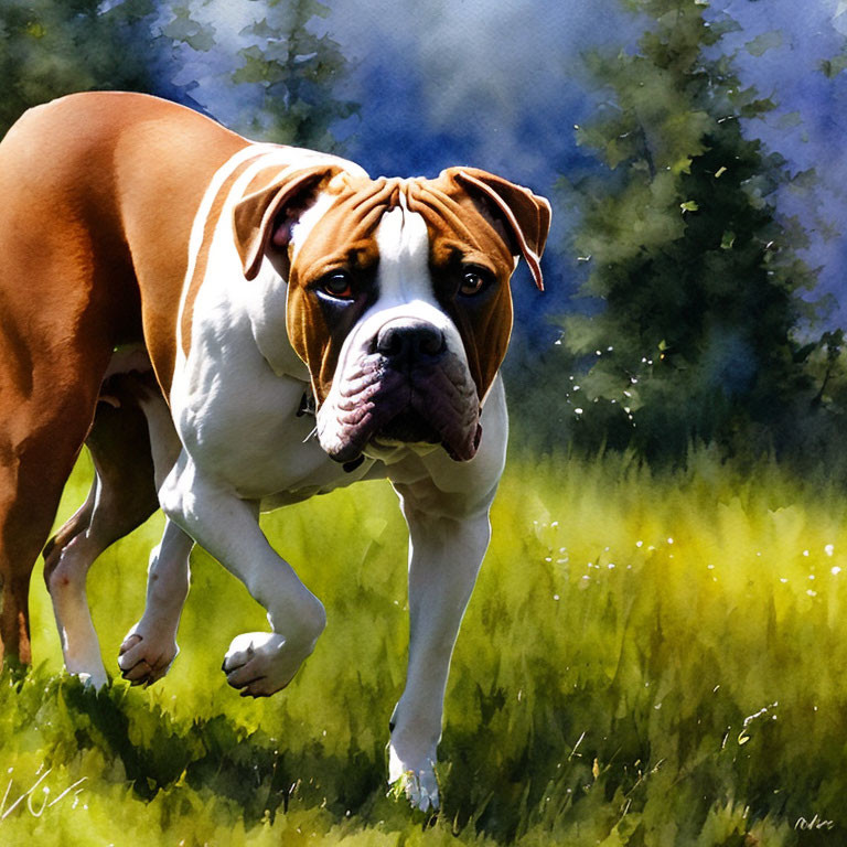 Brown and White Boxer Dog Walking in Sunlit Field with Trees and Grass