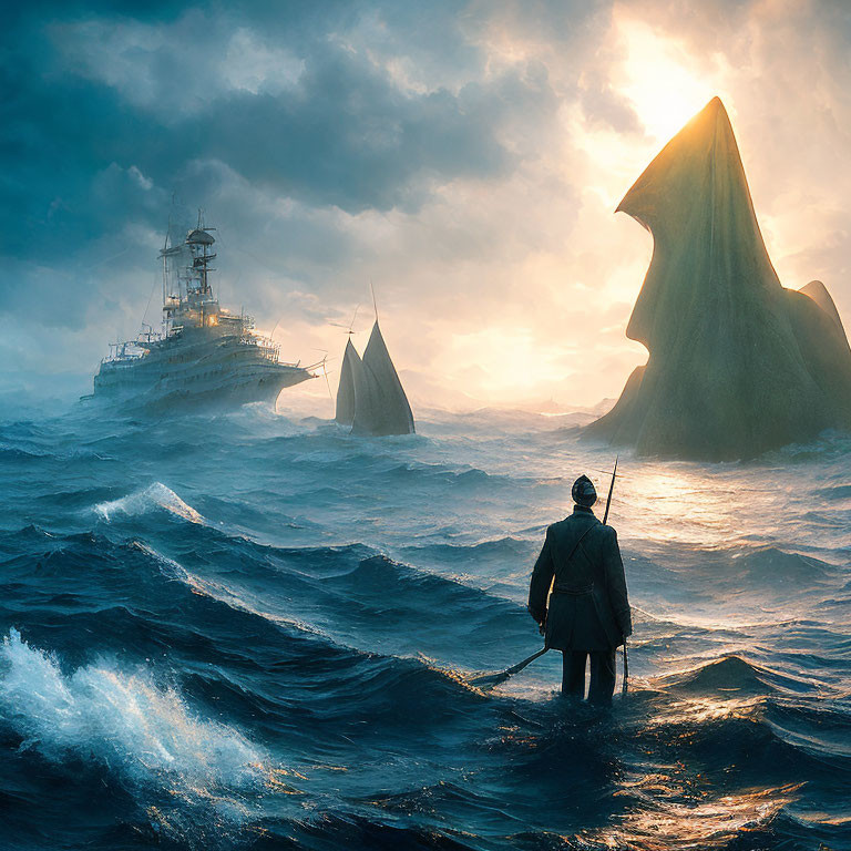 Person gazes at ship in churning ocean waters under dramatic sky