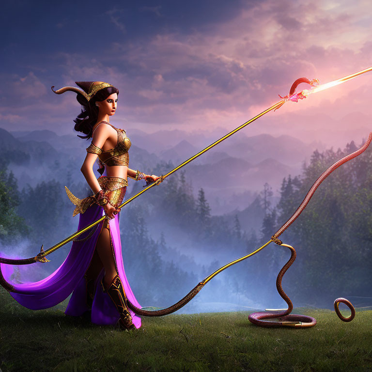 Warrior woman in golden armor and purple sari wields glowing bow in mystical forest landscape