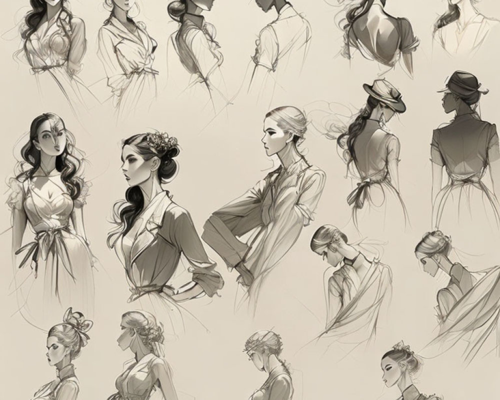 Monochromatic sketches of women in vintage attire and elegant poses