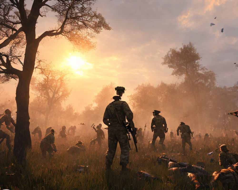 Soldier on Battlefield at Sunset with Smoke, Fallen Troops, and Birds