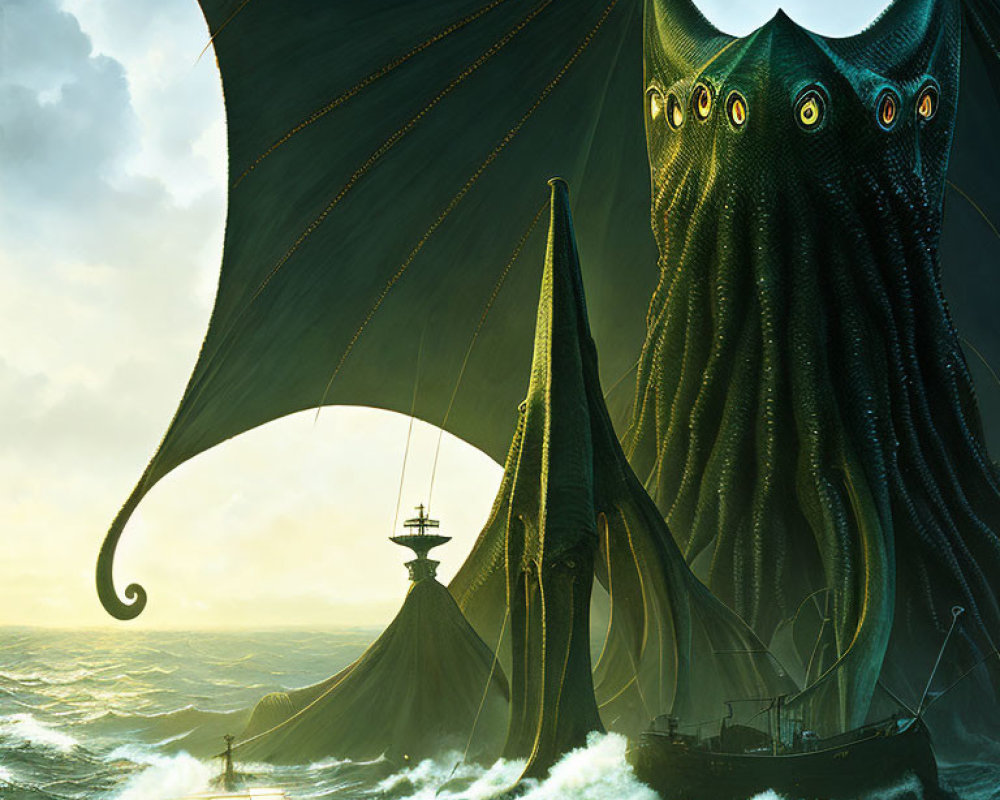 Gigantic sea creature with tentacles and wings towers over ships