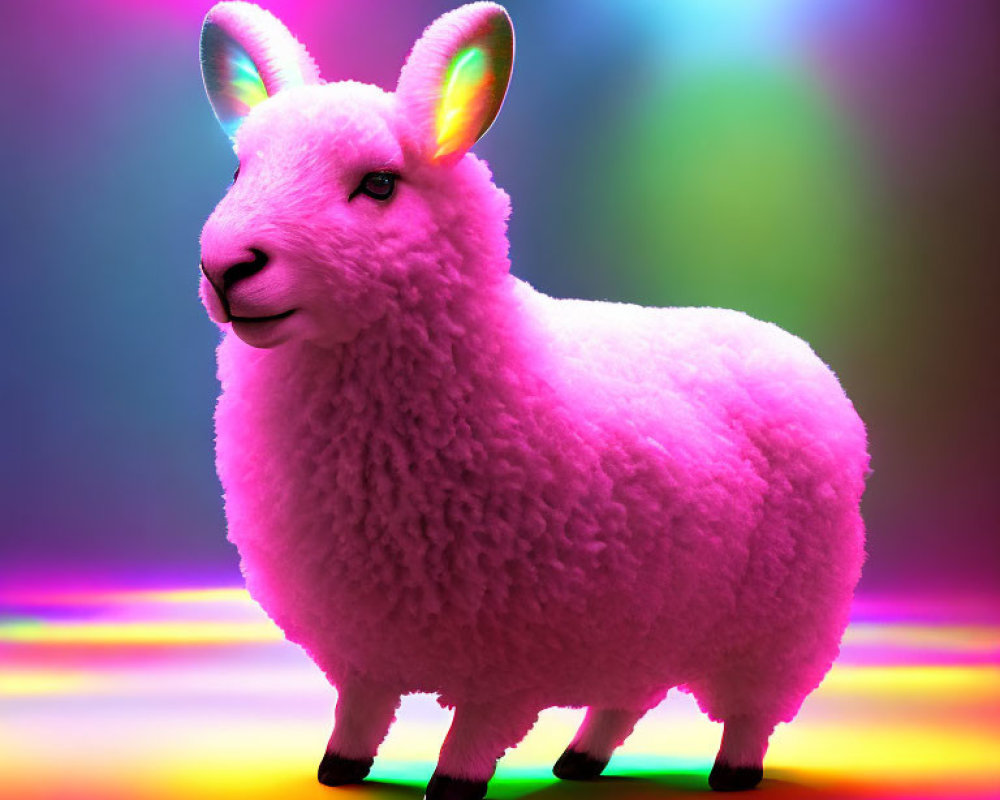 Fluffy sheep digital art with multicolored glowing ears on vibrant gradient background