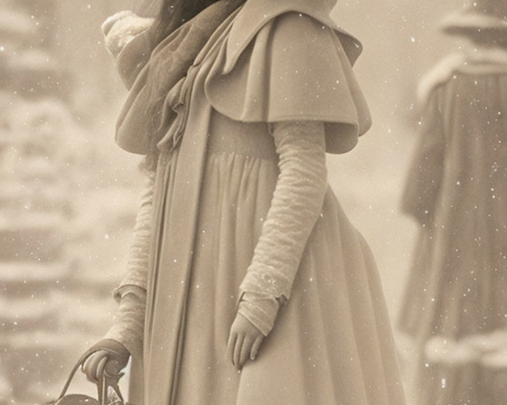 Vintage-style young girl in snow with basket, wide-brimmed hat, and ruffled coat