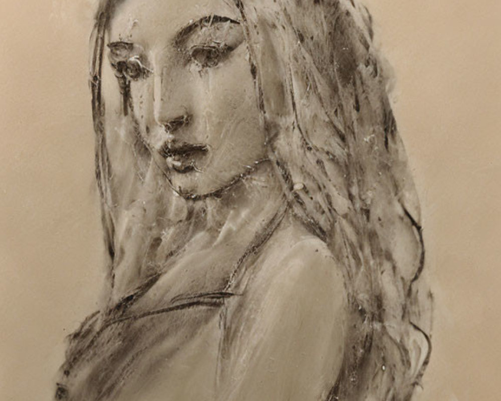 Monochromatic charcoal sketch of contemplative woman with flowing hair