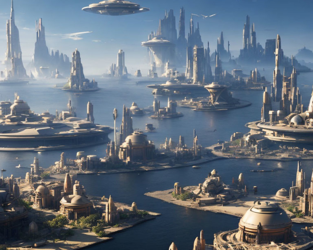 Futuristic cityscape with skyscrapers, flying vehicles, and waterways