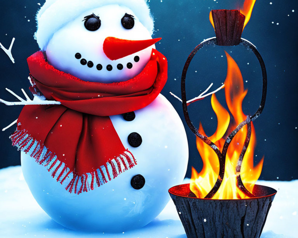 Cheerful snowman with red scarf and carrot nose in snowy scene