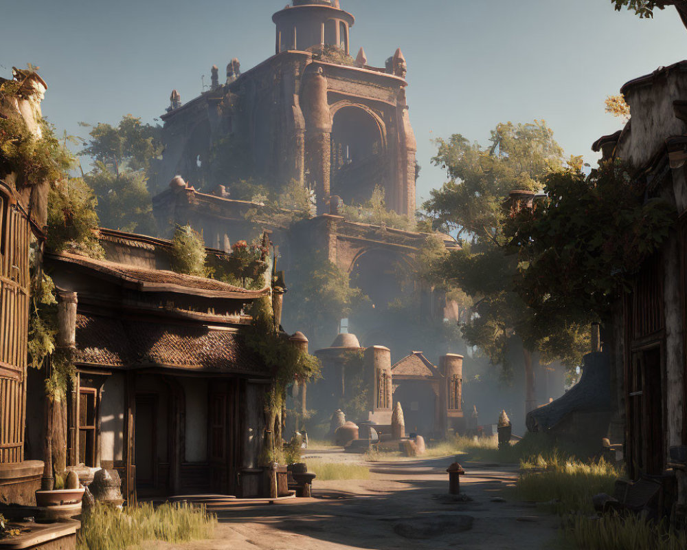 Ancient temple ruins in lush overgrowth under clear sky