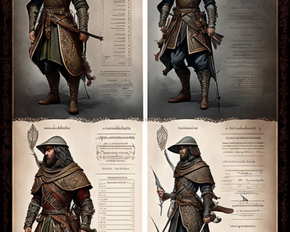 Detailed concept art: Fantasy character in medieval warrior attire - front, back, side poses, head close