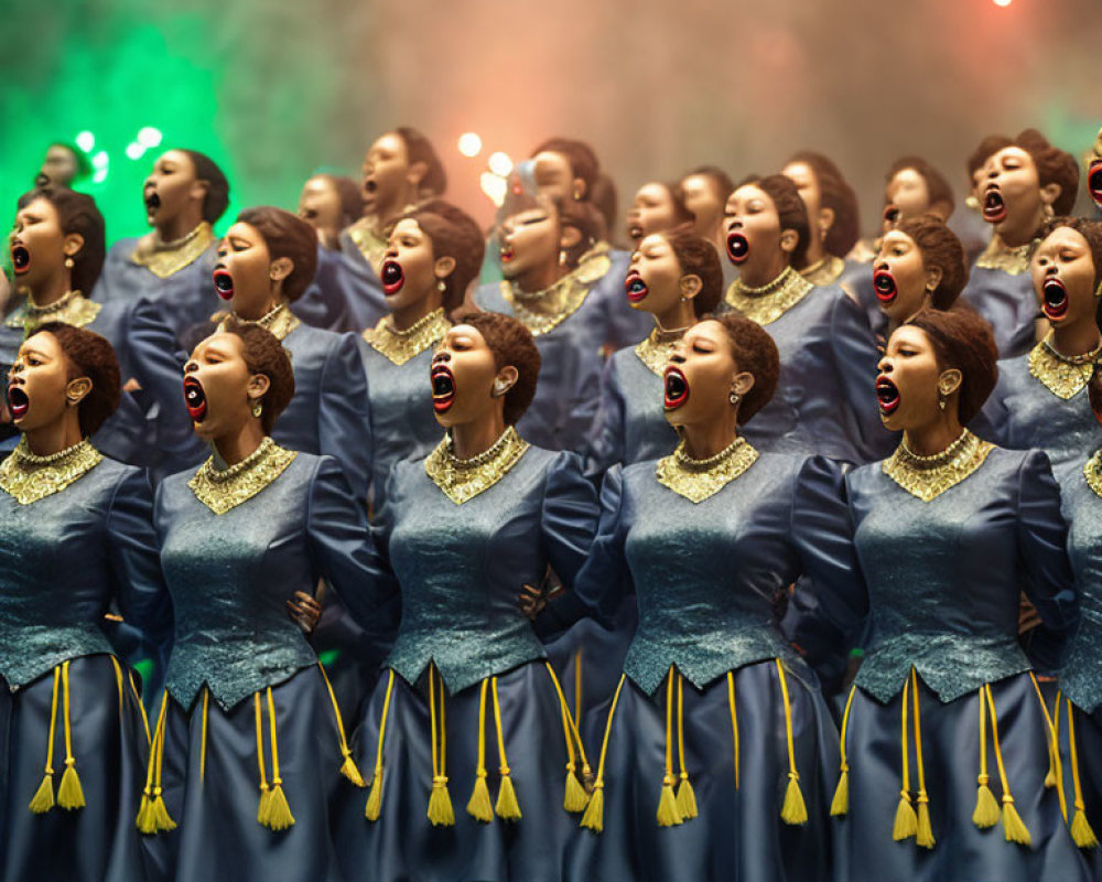 Passionate choir in blue uniforms with gold tassels under dramatic lighting