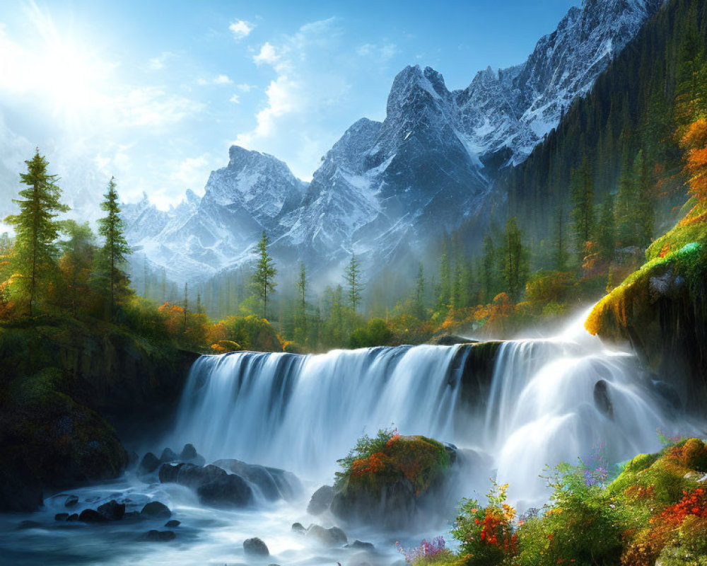 Scenic waterfall in vibrant autumn forest with snow-capped mountains and sun