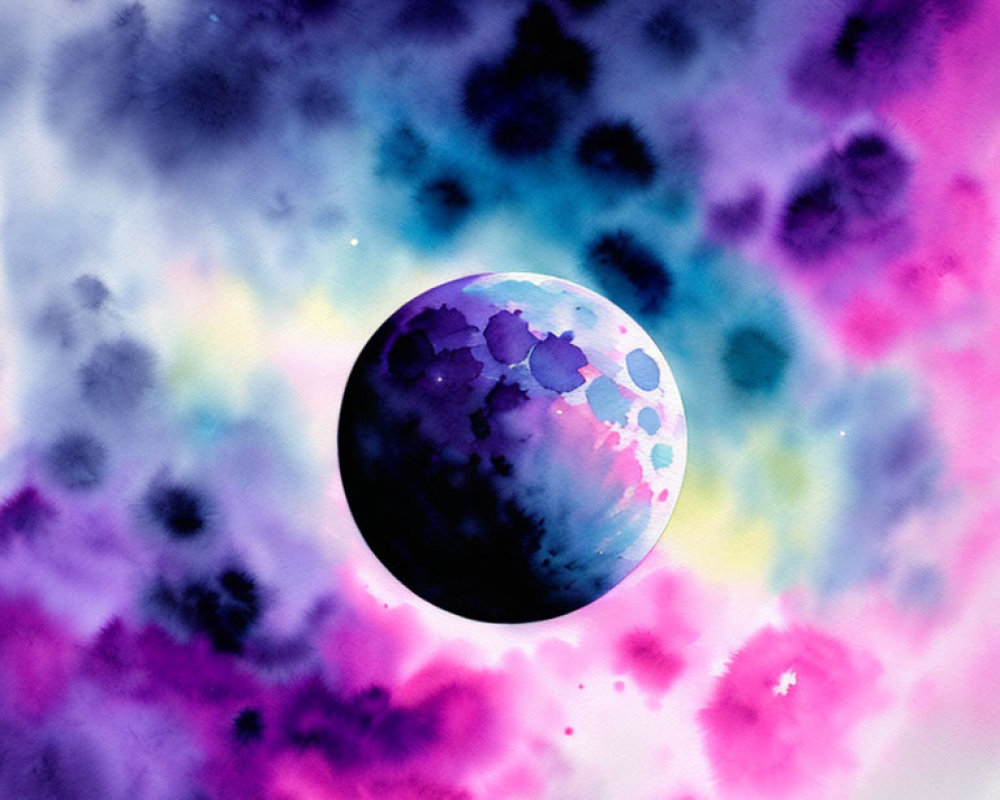 Colorful Watercolor Painting of Celestial Moon Sphere on Cosmic Background