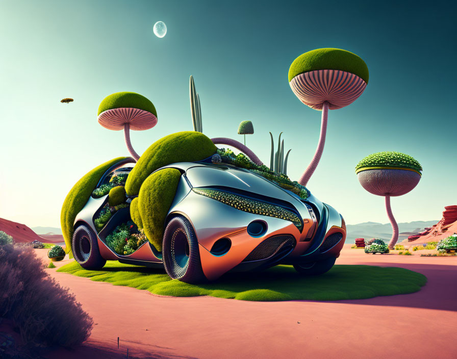 Futuristic car with organic features in surreal landscape with multiple moons